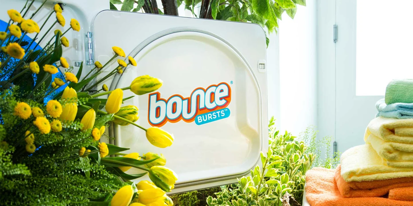 Bounce Bursts product campaign photographed beside yellow flowers