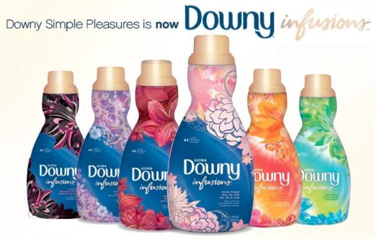A colorful collection of Downy Infusions fabric softener bottles